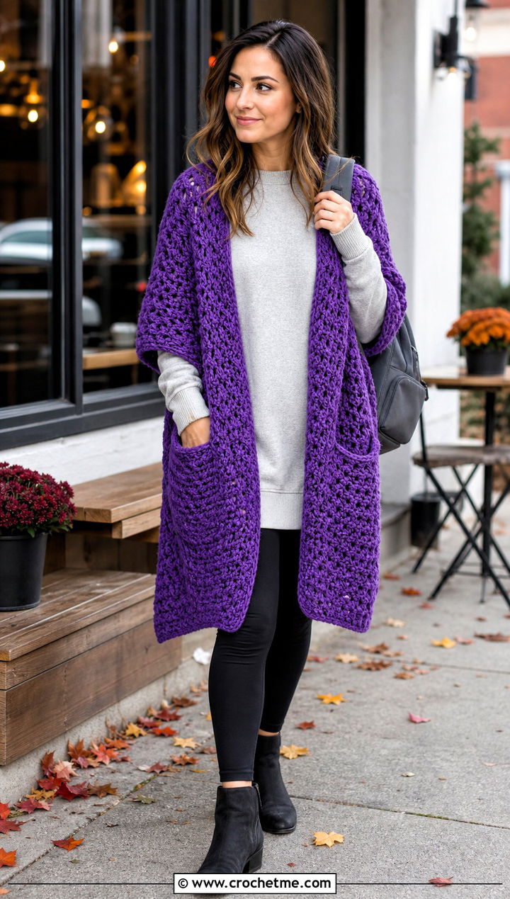Crochet Pocket Shawl With Leggings And Boots - 25 beautiful crochet shawls and wraps outfit ideas