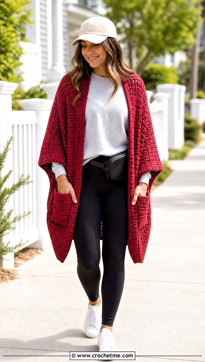 Crochet Pocket Shawl With Sweatshirt And Leggings - 30 simple crochet shawls and wraps outfit ideas