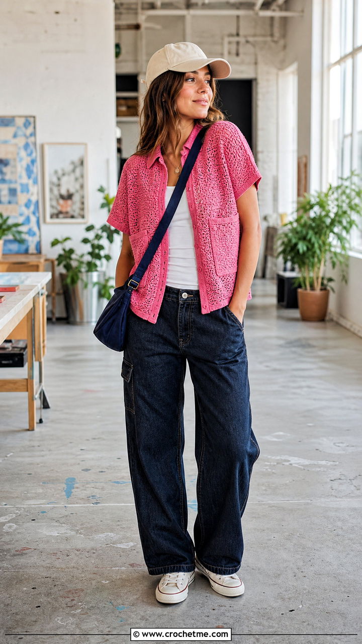 Crochet Pocket Shirt With Carpenter Jeans - 35 crochet shirts outfit ideas
