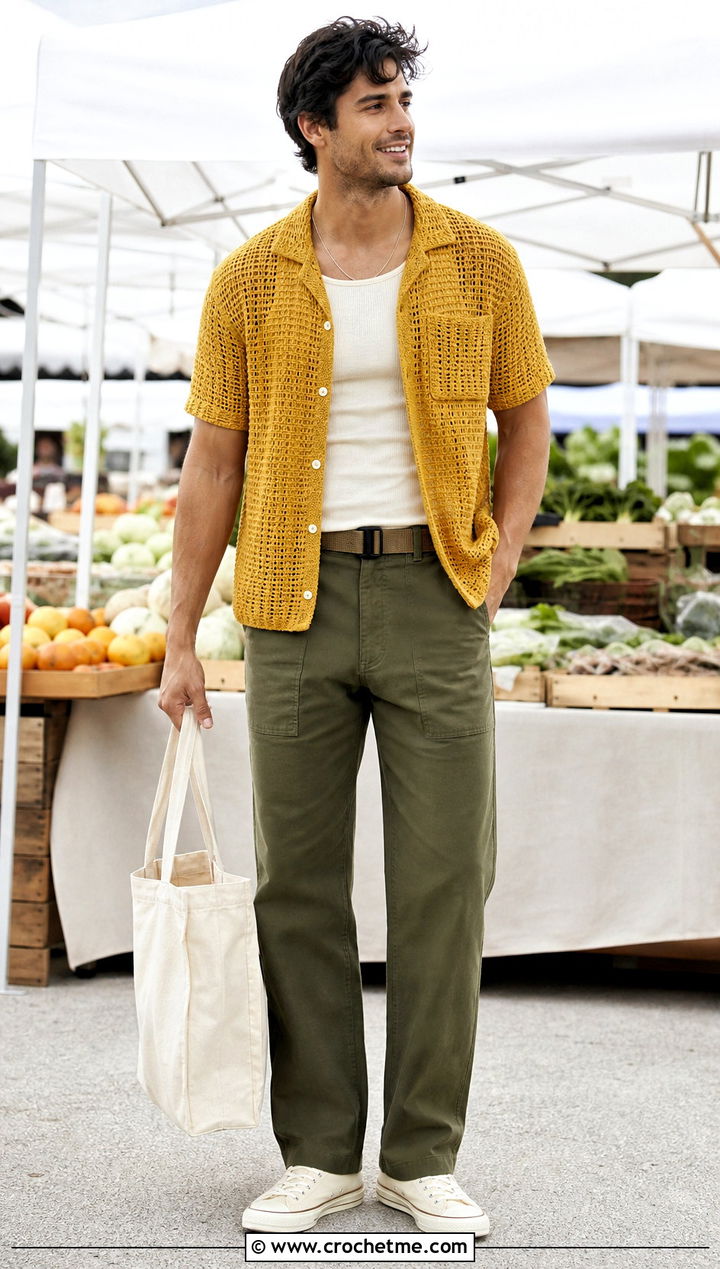 Crochet Pocket Shirt With Fatigue Pants - 35 men's crochet shirt outfit ideas