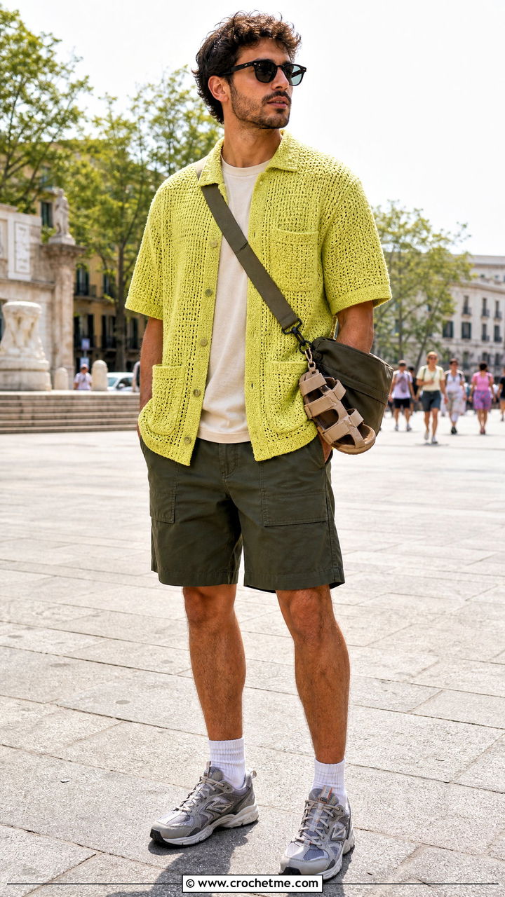 Crochet Pocket Shirt With Utility Shorts - 35 crochet men shirt outfit ideas