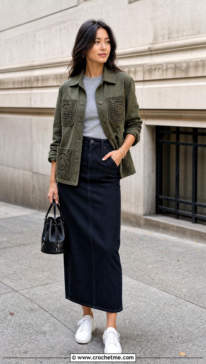 Crochet Pocket Utility Jacket With Column Skirt - 15 Crochet Clothes With Fabric outfit ideas