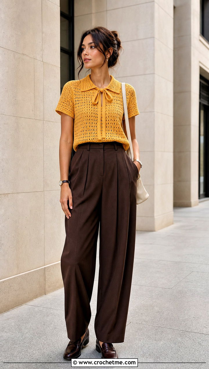 Crochet Polo Bow Top With Pleated Trousers - 25 crochet bow top outfit ideas