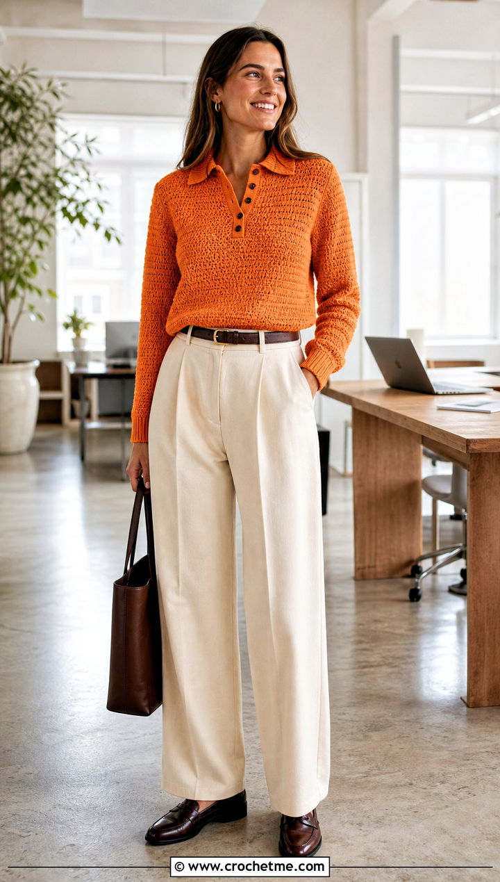 Crochet Polo Button Sweater With Pleated Pants - 30 Crochet Button Sweater outfit ideas