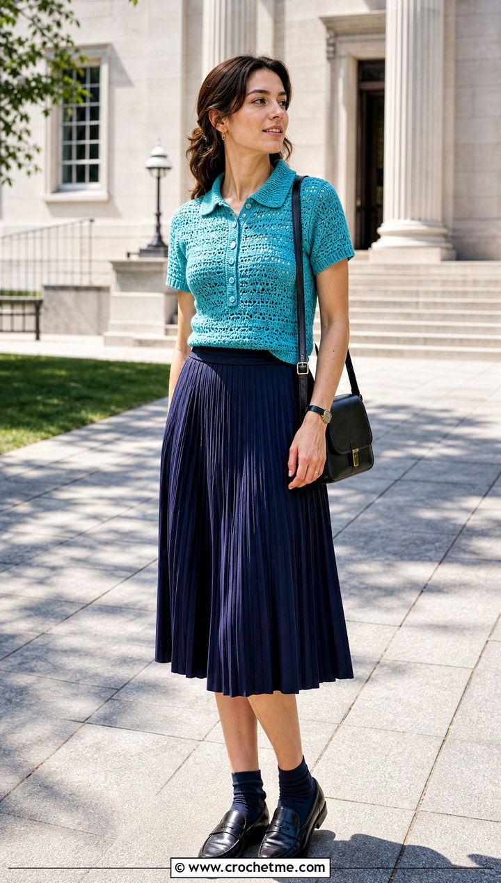 Crochet Polo Button Top With Pleated Midi Skirt - 30 crochet button top outfit ideas