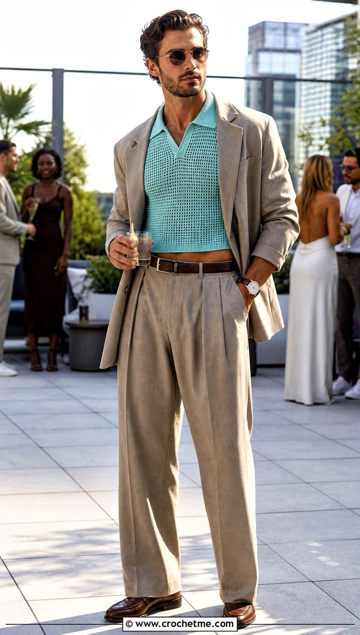 Crochet Polo Crop Top With A Relaxed Suit - 25 Men Crochet Crop Top outfit ideas