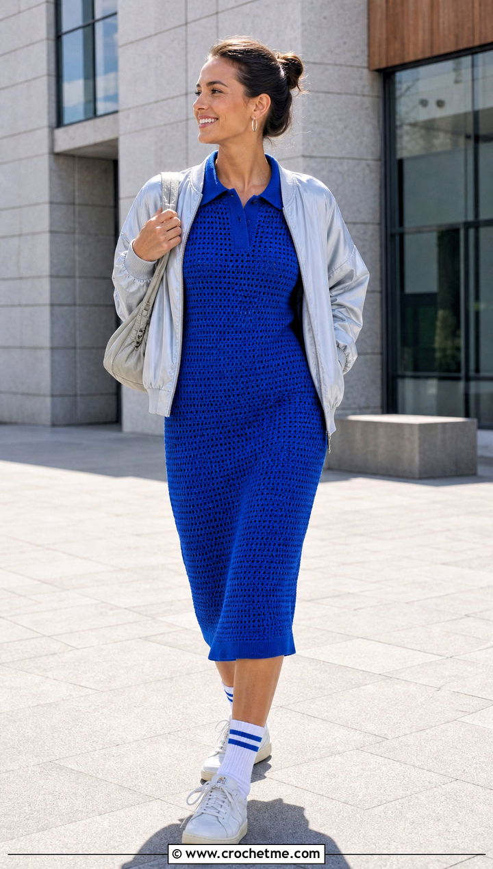 Crochet Polo Dress With Retro Sneakers - 30 modest crochet dress outfit ideas