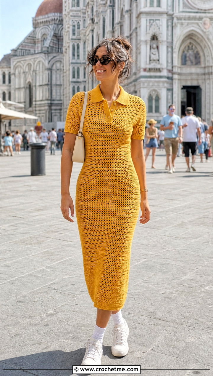 Crochet Polo Dress With Retro Sneakers - 30 unique crochet clothes and outfit ideas