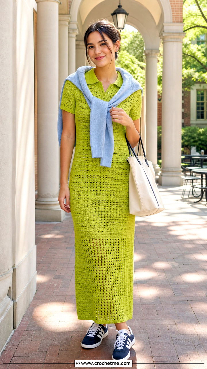 Crochet Polo Gown With Retro Sneakers - 35 crochet gown for ladies outfit ideas