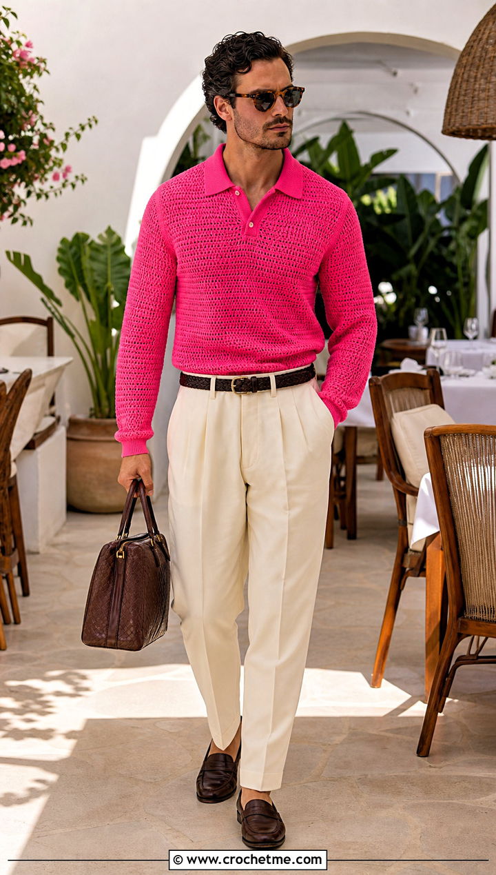 Crochet Polo Jumper With Pleated Trousers - 35 men crochet jumper outfit ideas