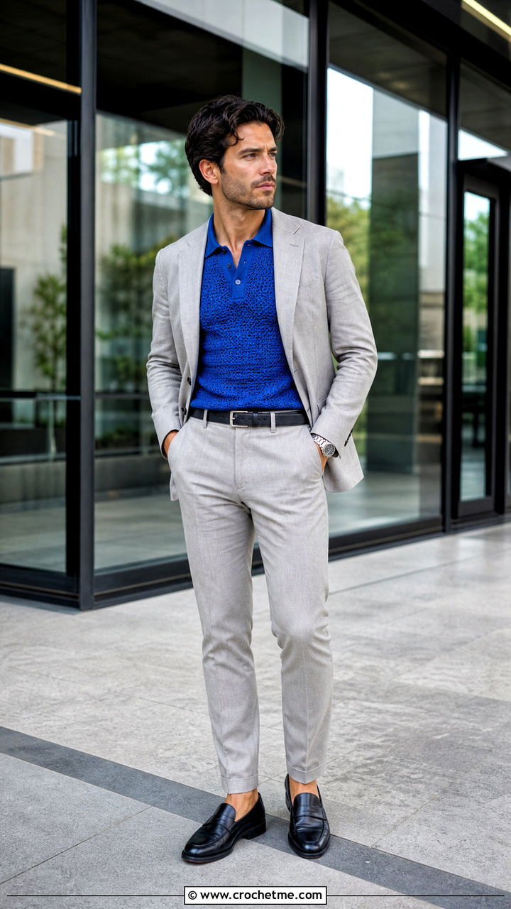 Crochet Polo Shirt With A Blazer And Trousers - 35 crochet men shirt outfit ideas