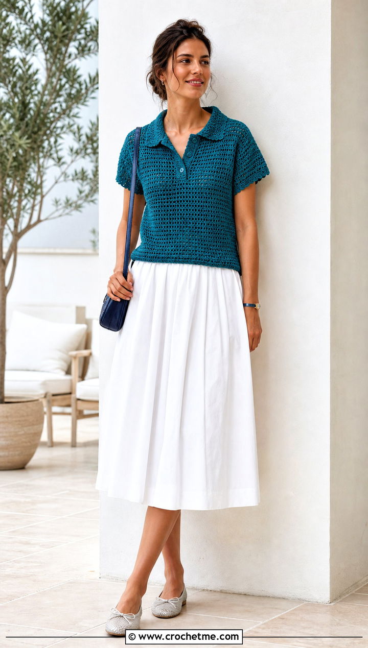 Crochet Polo Shirt With A Poplin Midi Skirt - 35 crochet shirt for women outfit ideas