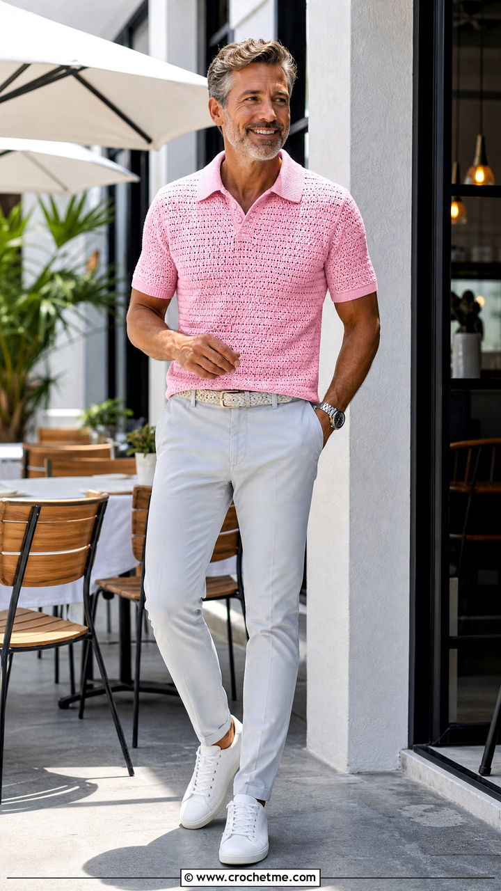 Crochet Polo Shirt With Chino Pants - 35 crochet clothes for men outfit ideas