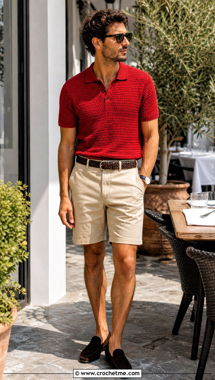 Crochet Polo Shirt With Chino Shorts - 15 Mens Crochet Collared Shirt outfit ideas