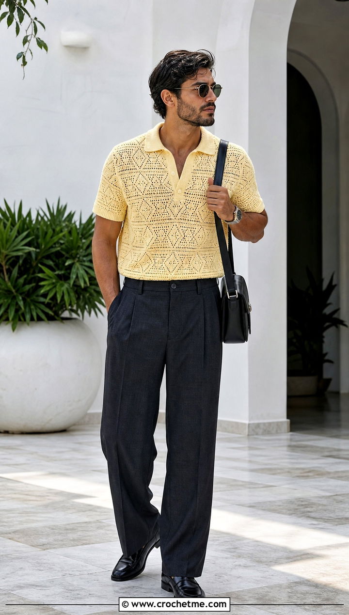 Crochet Polo Shirt With High Rise Trousers - 25 crochet clothes men ideas