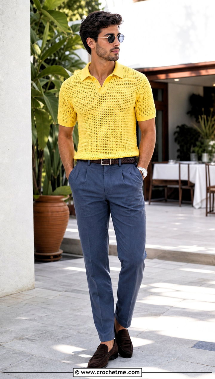Crochet Polo Shirt With Pleated Chinos - 15 men crochet clothes and outfit ideas