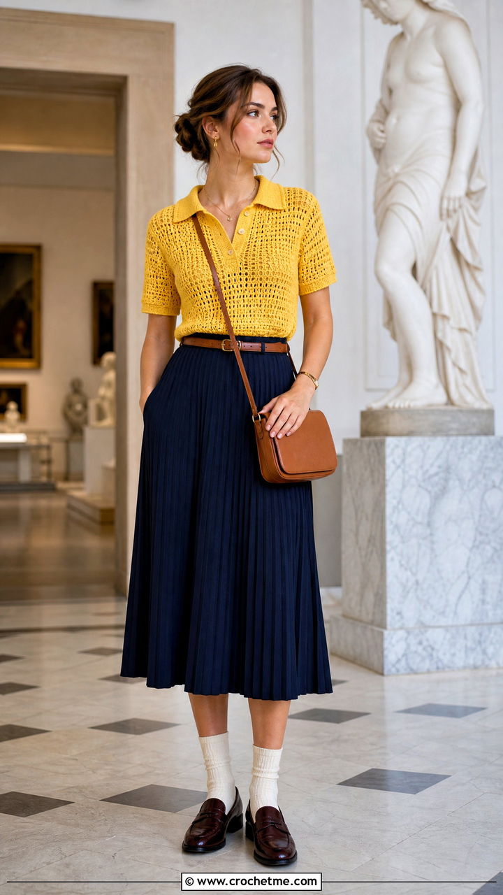 Crochet Polo Shirt With Pleated Midi Skirt - 35 autumn crochet clothes and outfit ideas