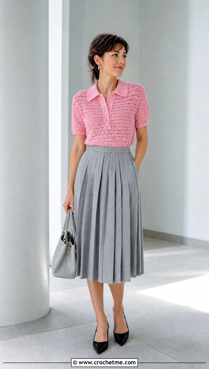 Crochet Polo Shirt With Pleated Midi Skirt - 30 easy crochet shirt outfit ideas