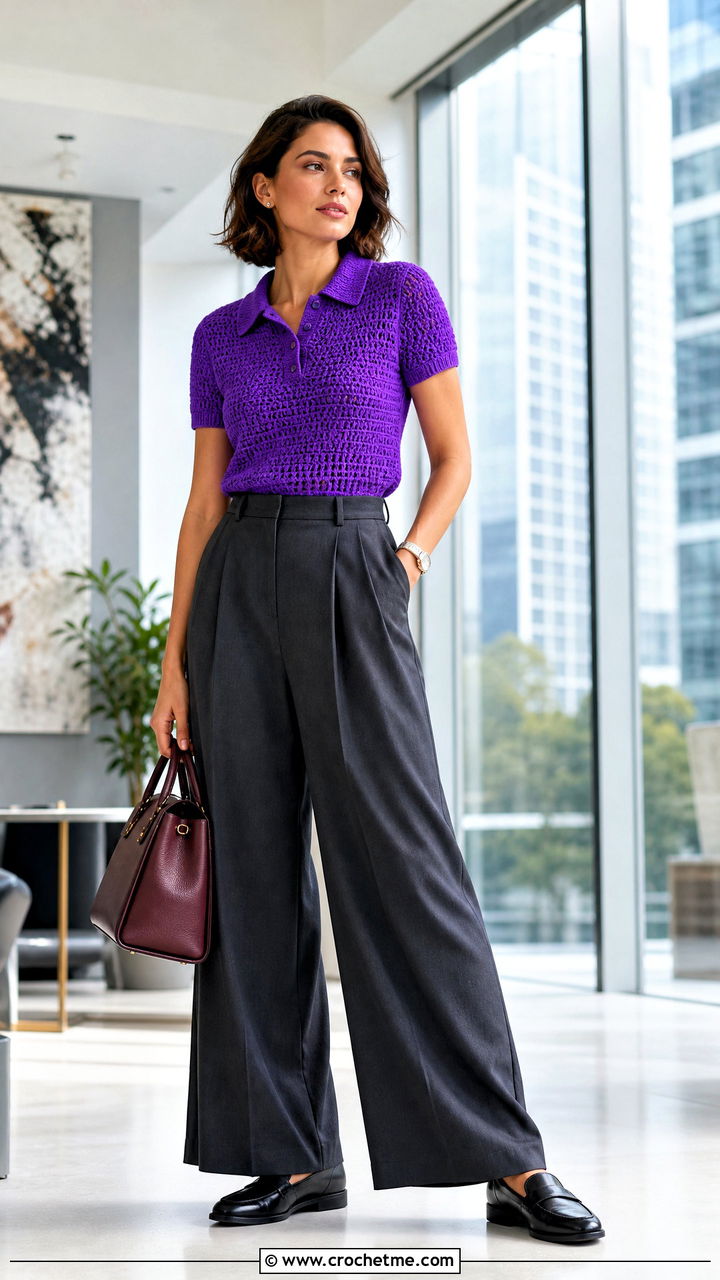 Crochet Polo Shirt With Pleated Pants - 35 cute crochet clothes and outfit ideas