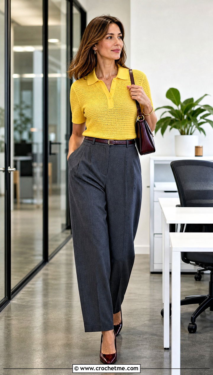 Crochet Polo Shirt With Pleated Trousers - 25 Crochet Professional Clothes and outfit ideas