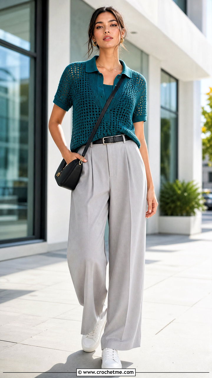Crochet Polo Shirt With Pleated Trousers and Sneakers - 35 crochet clothes ideas
