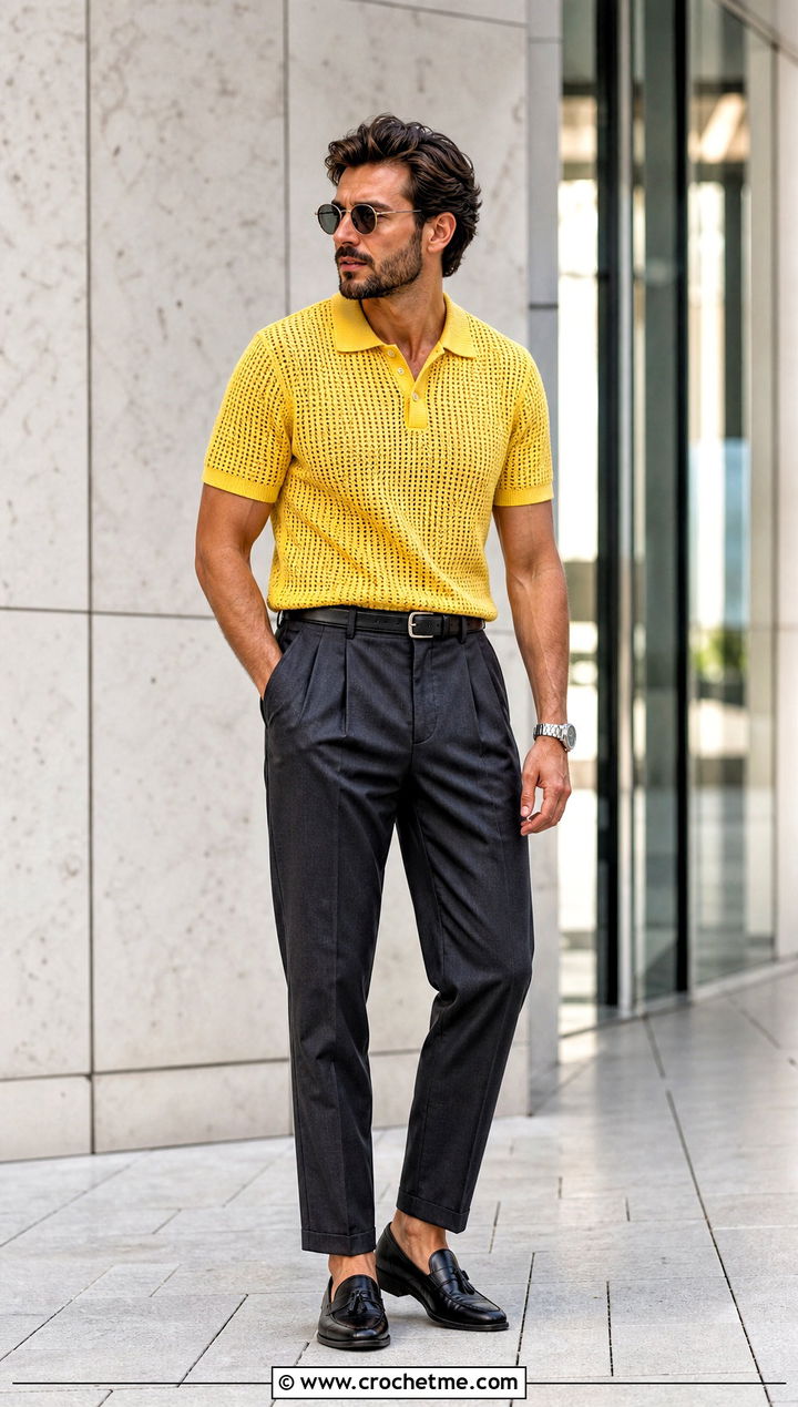 Crochet Polo Shirt With Pleated Trousers - 25 Crochet Men Clothing and outfit ideas