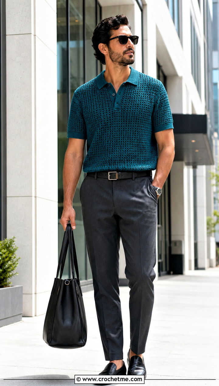 Crochet Polo Shirt With Tailored Pants - 15 men's crochet top outfit ideas