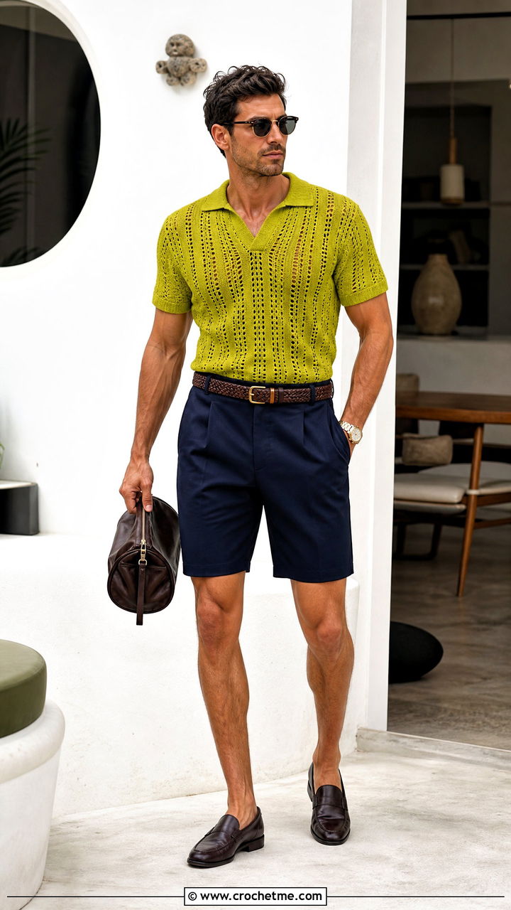Crochet Polo Shirt With Tailored Shorts - 35 mens crochet shirt outfit ideas