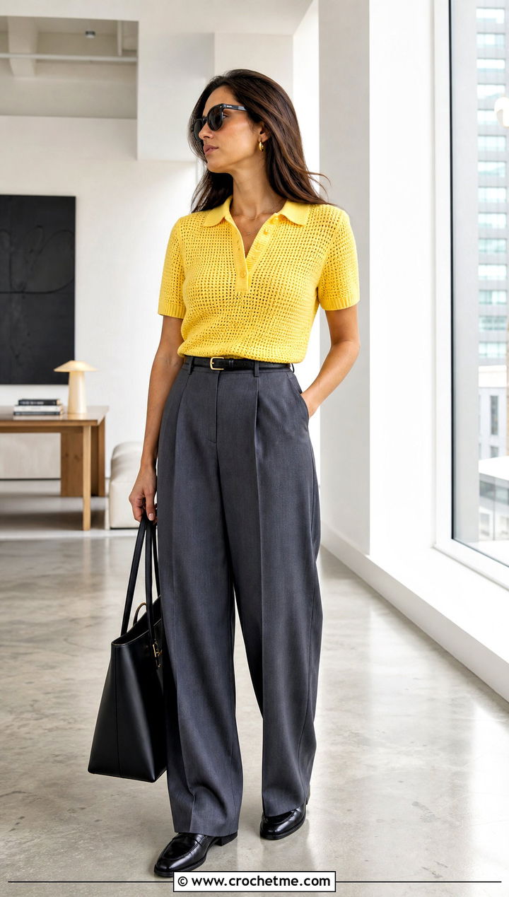 Crochet Polo Shirt With Tailored Trousers - 30 cute crochet clothing and outfit ideas