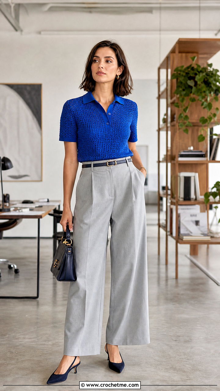 Crochet Polo Shirt With Tailored Trousers - 35 aesthetic crochet clothes and outfit ideas