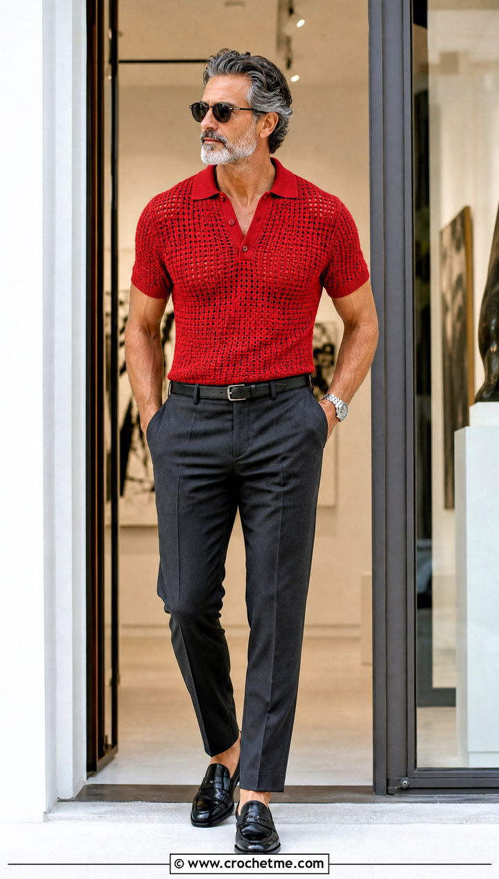 Crochet Polo Shirt With Tailored Trousers - 25 crochet men's clothes and outfit ideas