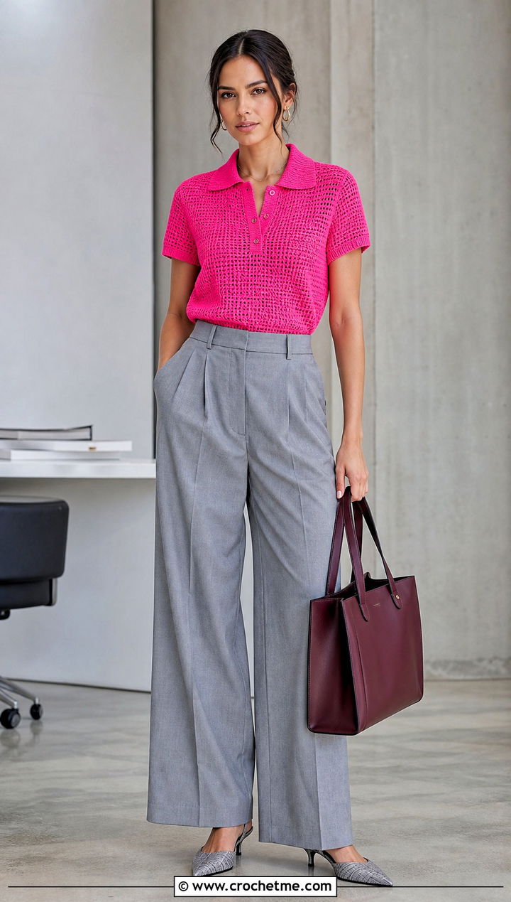 Crochet Polo Shirt With Tailored Trousers - 15 Crochet Photo Shoot Outfits ideas