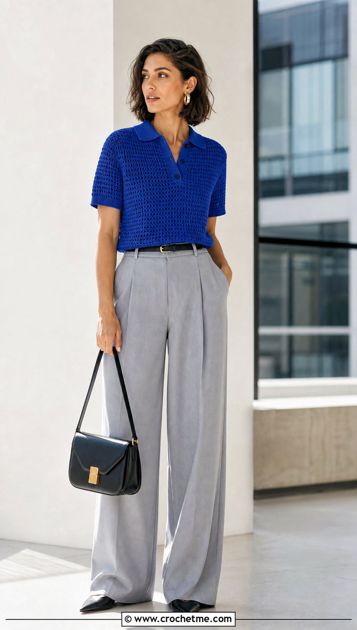 Crochet Polo Shirt With Wide Leg Trousers - 15 Crochet Shirt Sweaters & Cardigans outfit ideas