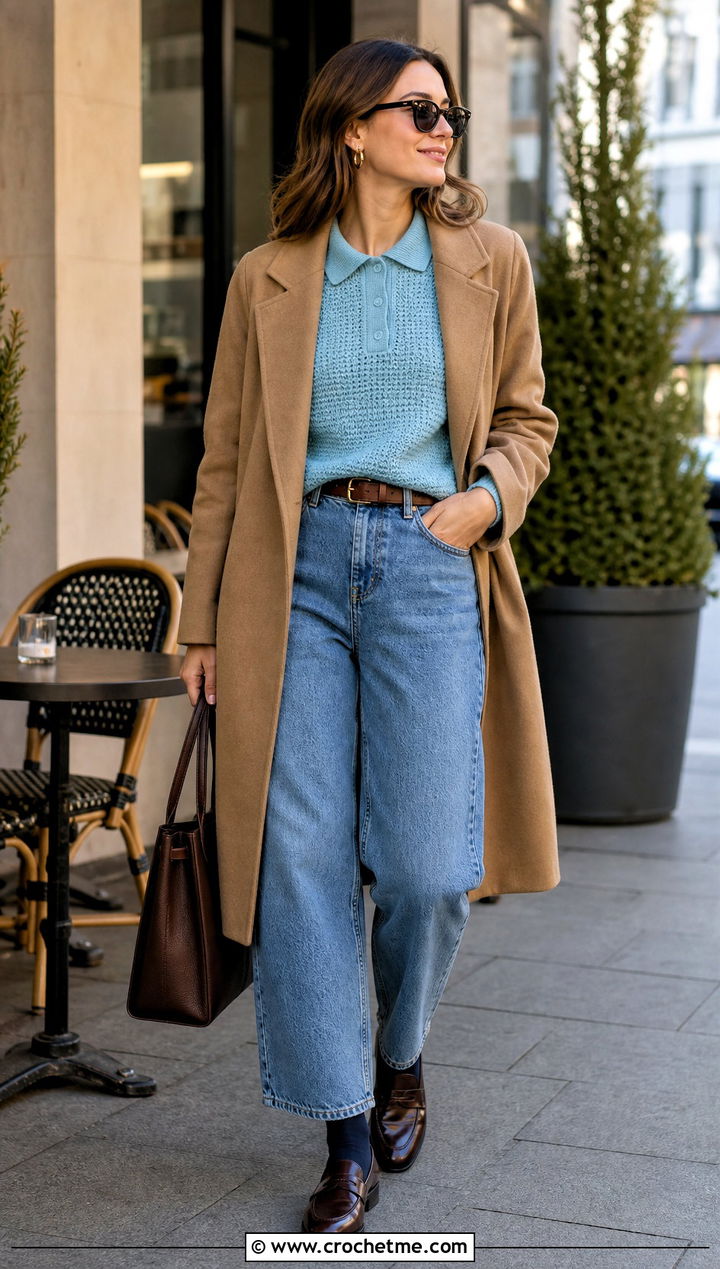Crochet Polo Sweater With Barrel Jeans - 25 winter crochet outfit ideas