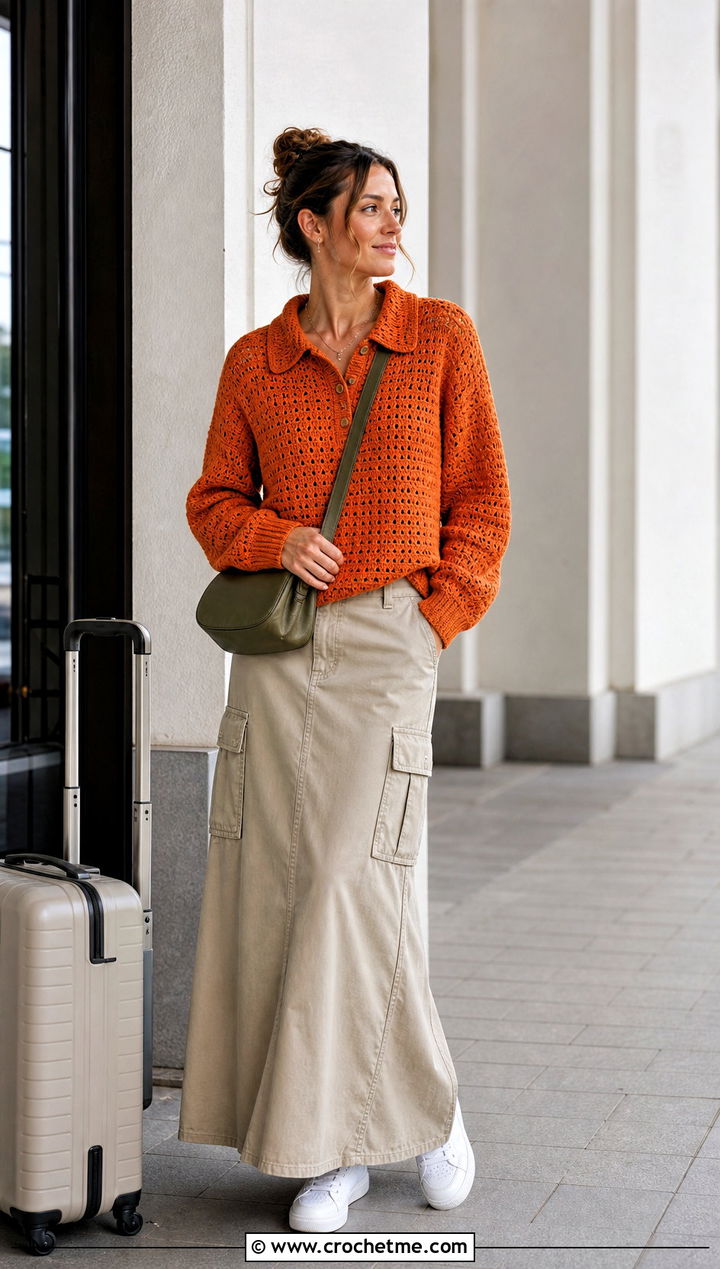 Crochet Polo Sweater With Cargo Maxi Skirt - 25 crochet sweater and skirt outfit ideas