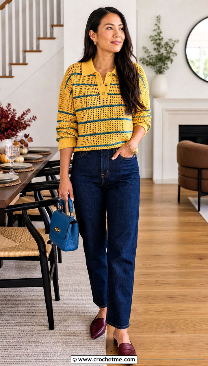 Crochet Polo Sweater With Dark Wash Jeans - 25 Crochet Thanksgiving Sweater outfit ideas