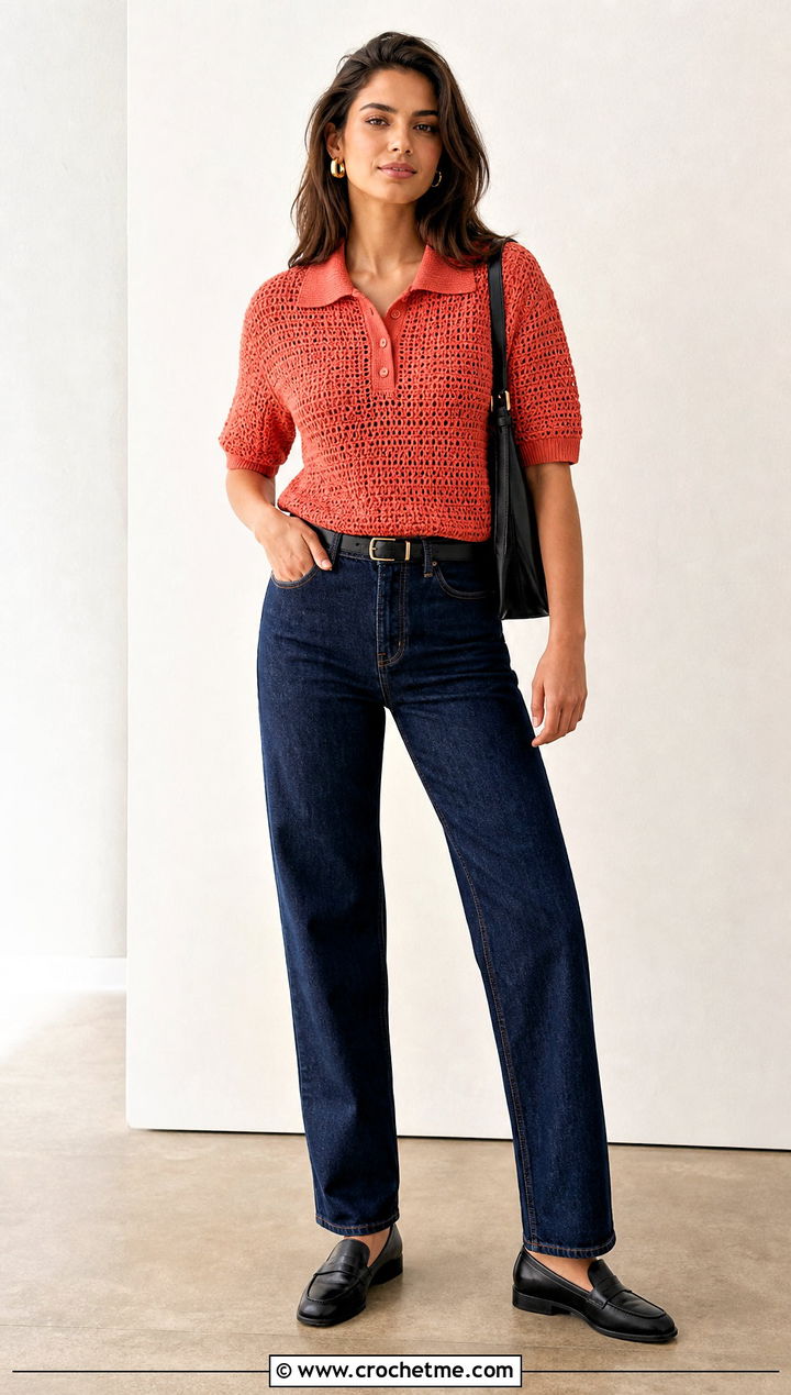 Crochet Polo Sweater With Dark Wash Jeans - 30 knit look crochet sweater outfit ideas
