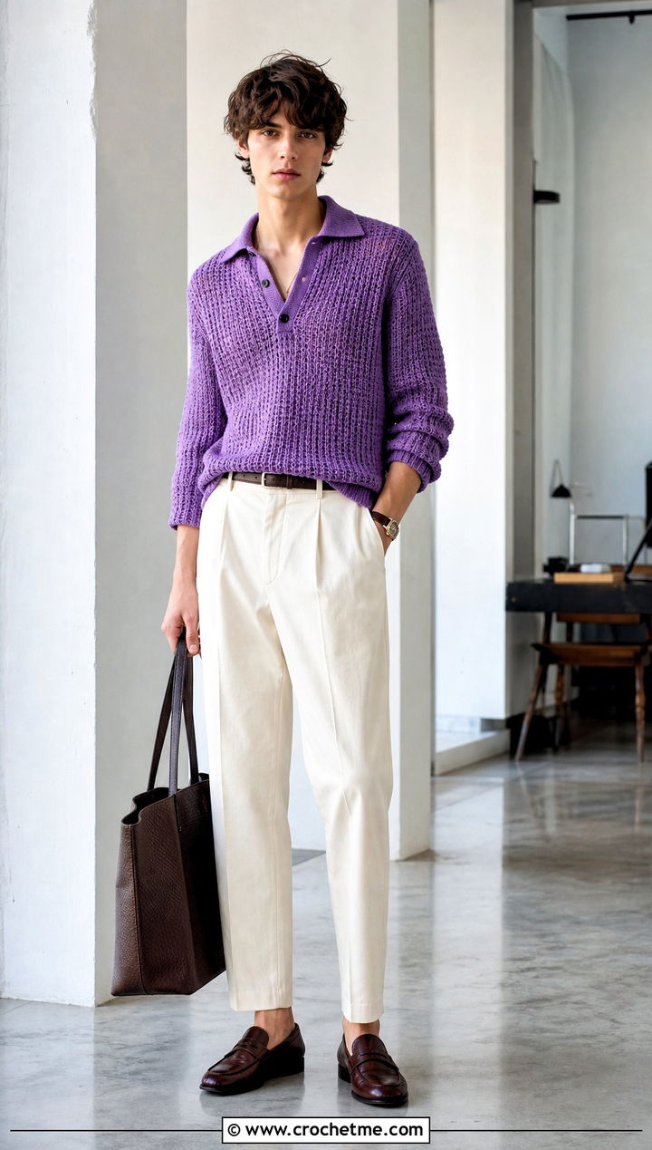 Crochet Polo Sweater With Pleated Chinos - 25 unisex crochet sweater outfit ideas