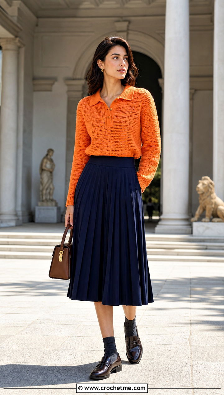 Crochet Polo Sweater With Pleated Midi Skirt - 35 crocheted sweaters outfit ideas