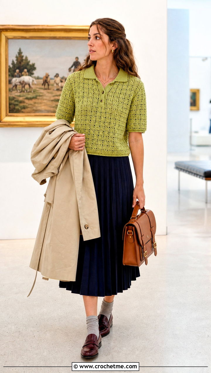 Crochet Polo Sweater With Pleated Midi Skirt - 15 adult crochet sweater outfit ideas