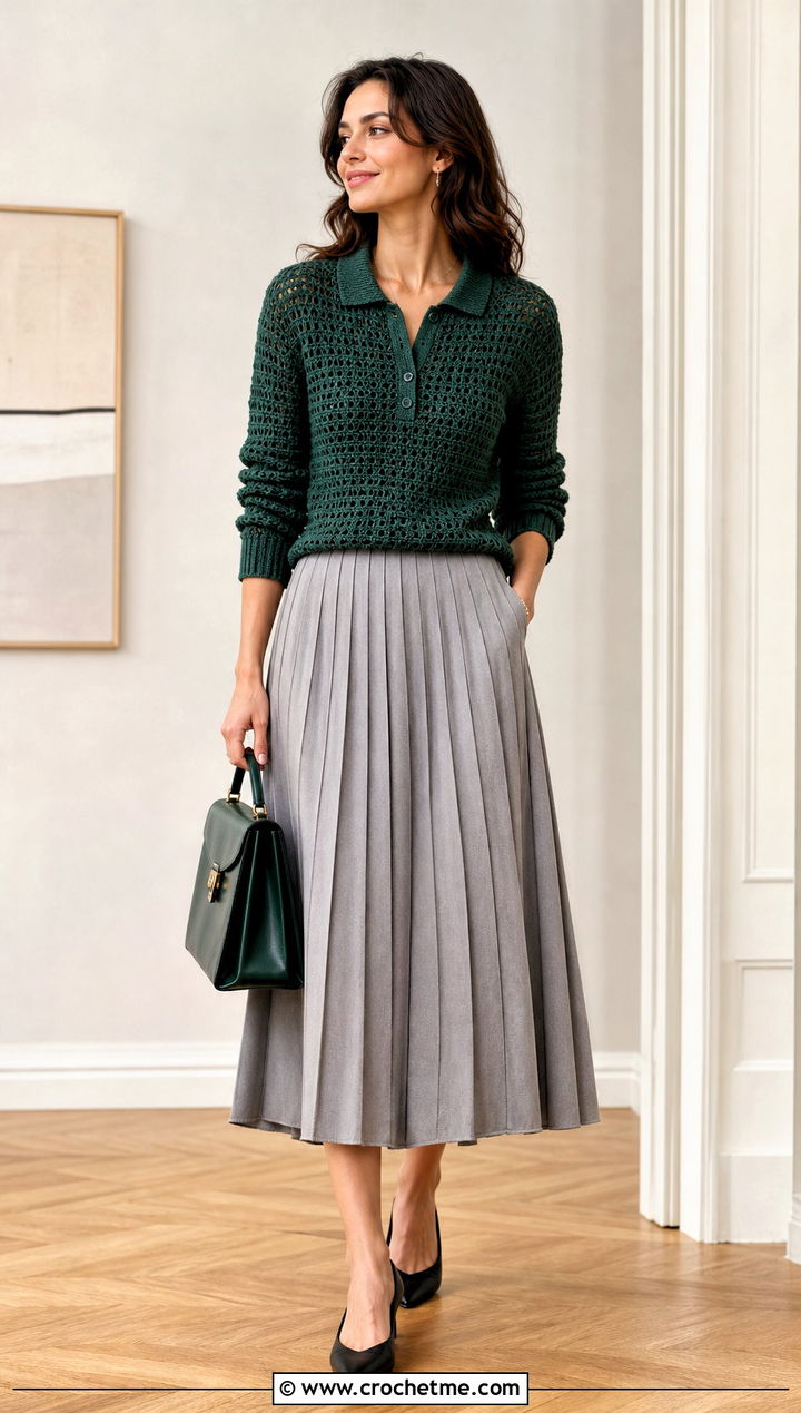 Crochet Polo Sweater With Pleated Midi Skirt - 20 Autumn Crochet Sweater outfit ideas