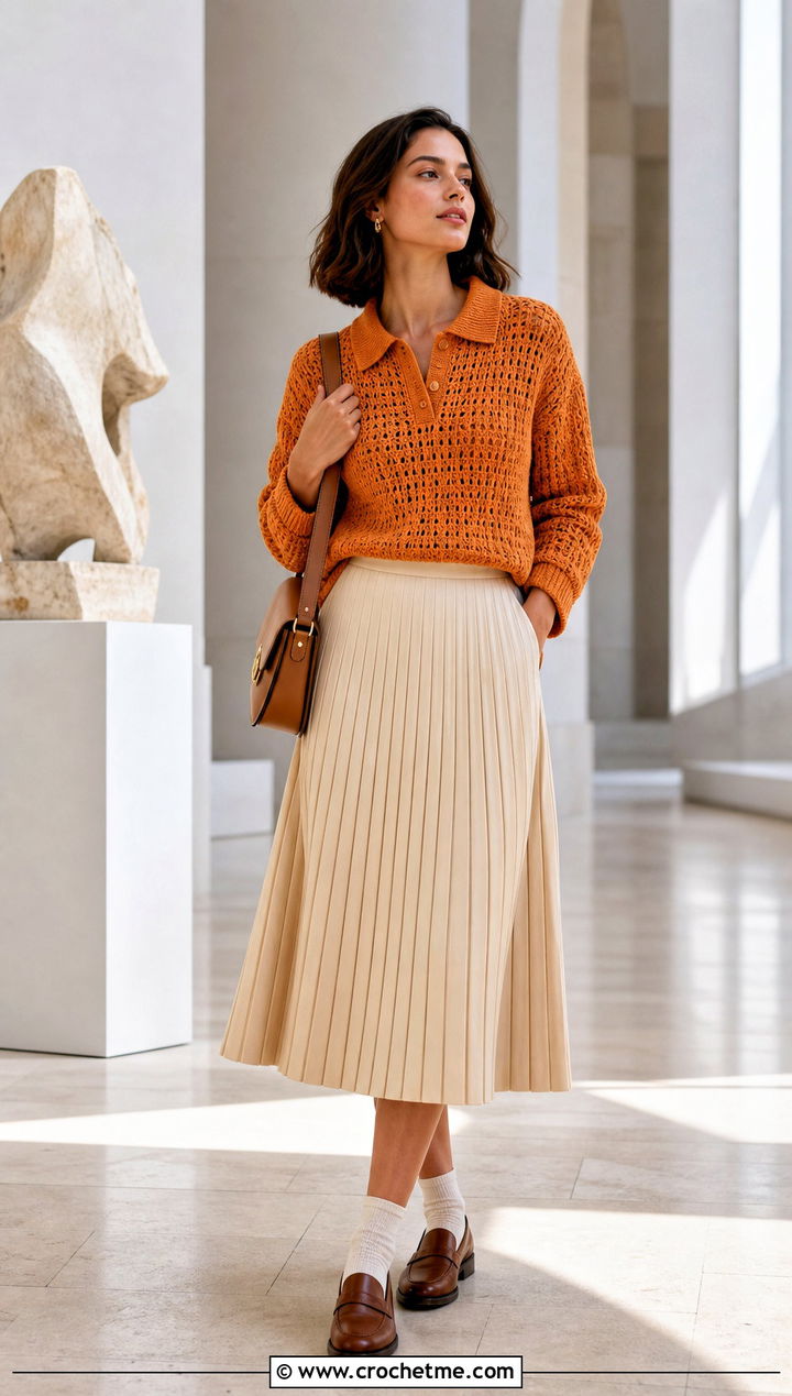 Crochet Polo Sweater With Pleated Midi Skirt - 20 Easy Crochet Sweater For Women outfit ideas