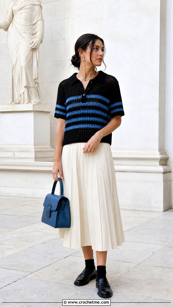 Crochet Polo Sweater With Pleated Midi Skirt - 35 black crochet sweater outfit ideas