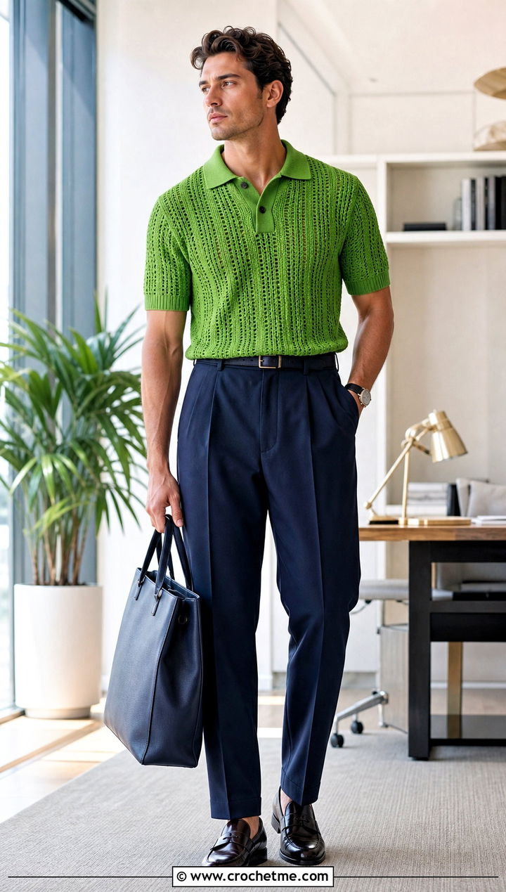 Crochet Polo Sweater With Pleated Trousers - 25 Womens Crochet Sweater outfit ideas