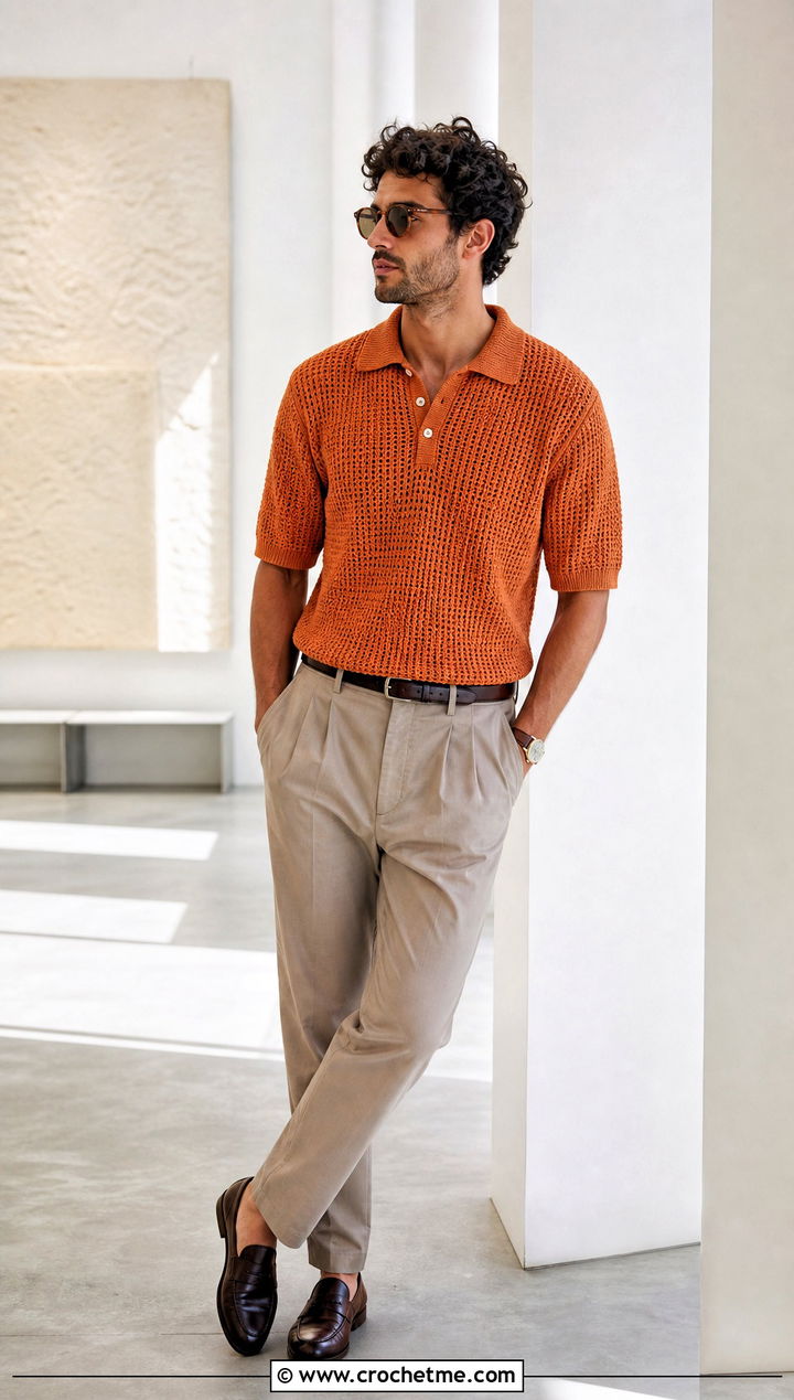 Crochet Polo Sweater With Pleated Trousers - 15 Crochet Mens Sweaters outfit ideas