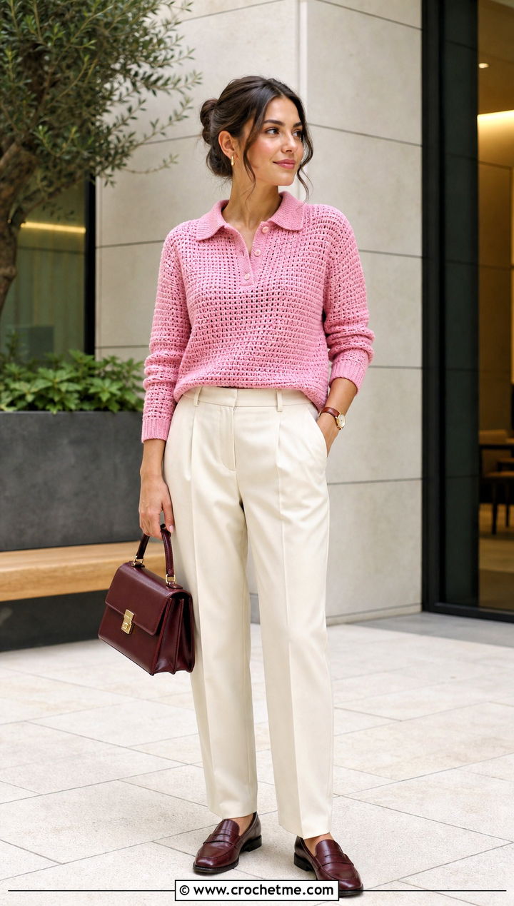 Crochet Polo Sweater With Pleated Trousers - 30 crochet sweater inspiration outfit ideas