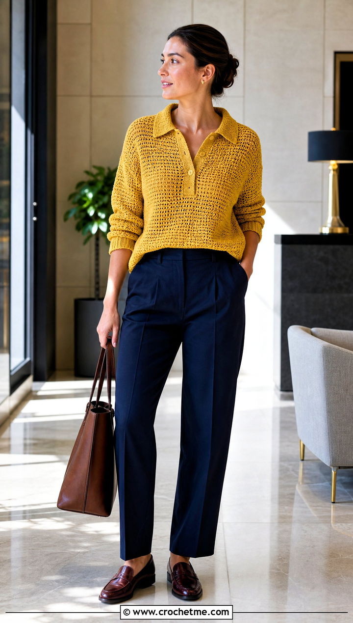 Crochet Polo Sweater With Pleated Trousers - 30 loose crochet sweater outfit ideas