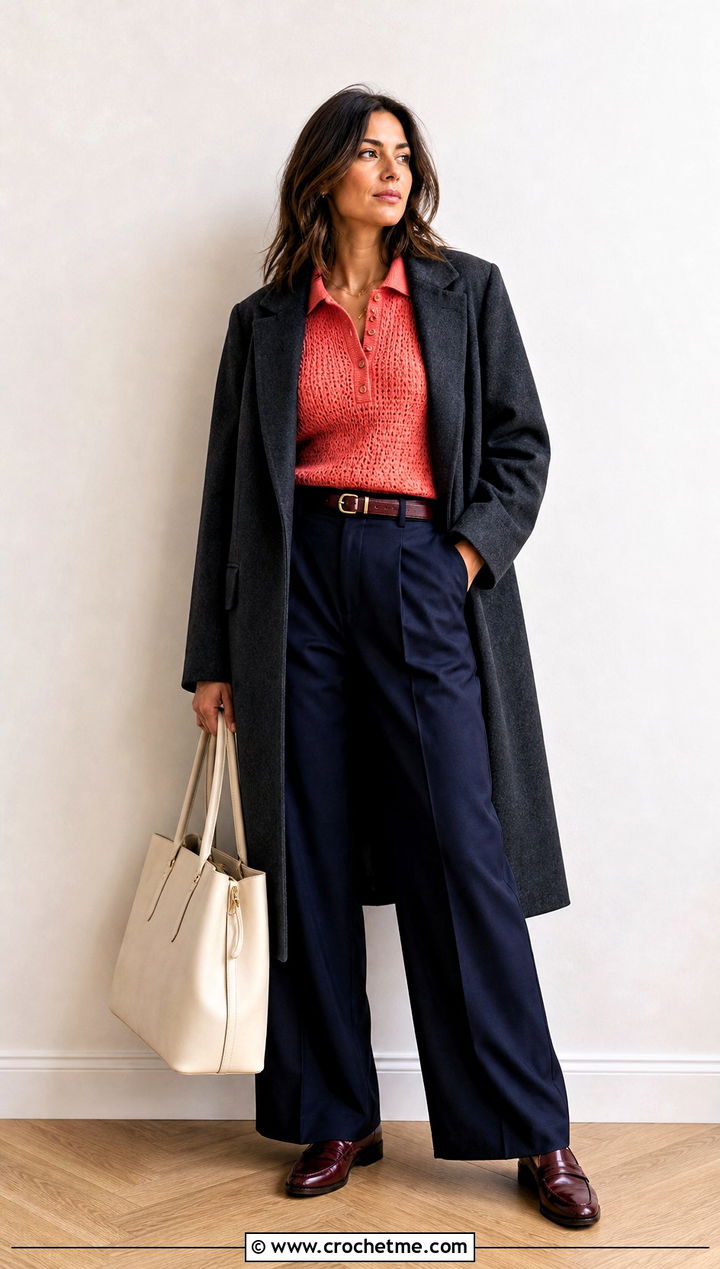 Crochet Polo Sweater With Pleated Trousers - 30 winter crochet clothes ideas