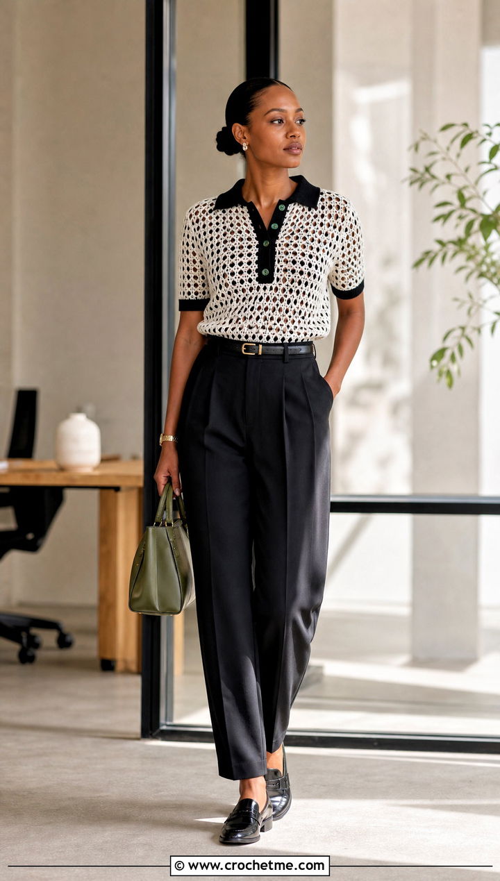 Crochet Polo Sweater With Pleated Trousers - 35 black and white crochet sweater outfit ideas