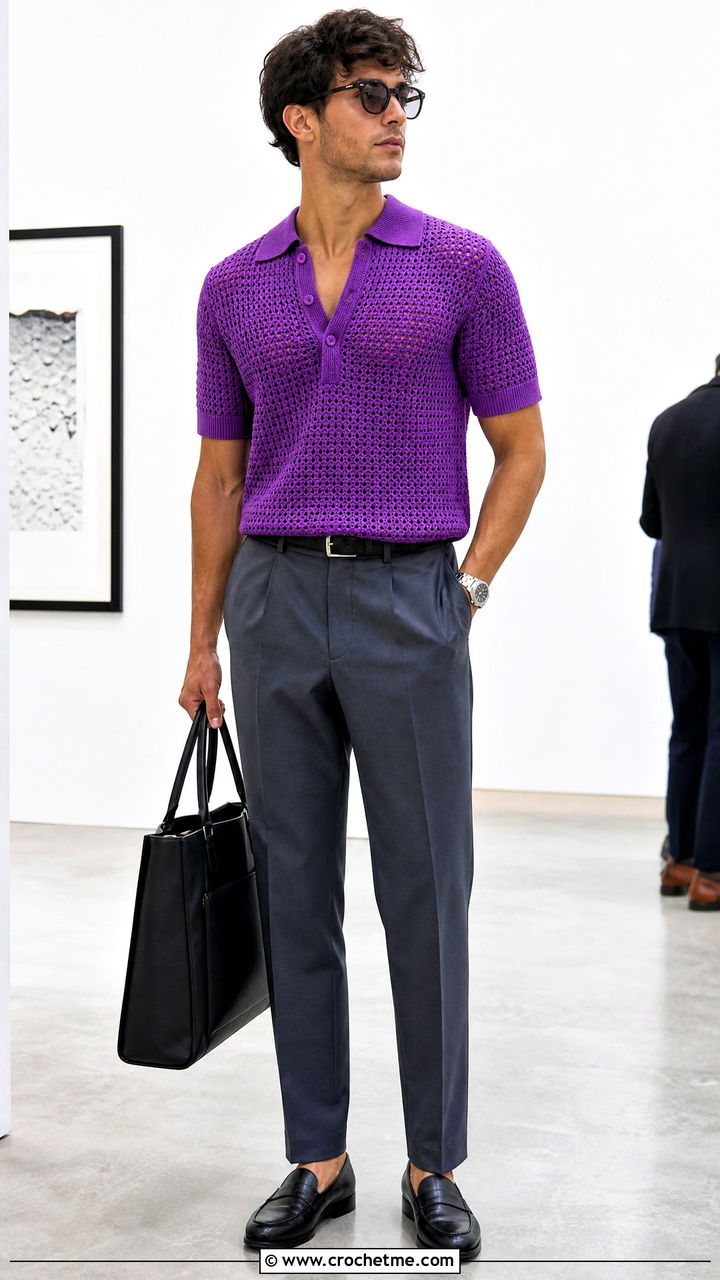 Crochet Polo Sweater With Pleated Trousers - 35 crochet mens sweater outfit ideas